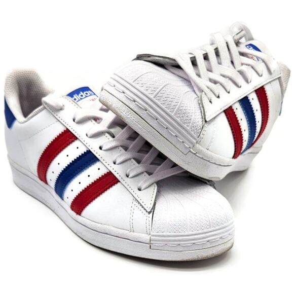 Adidas Superstar White Red Blue Stripe Shoes Ladies Size 9 Shell Toe AC7162 - Picture 2 of 16